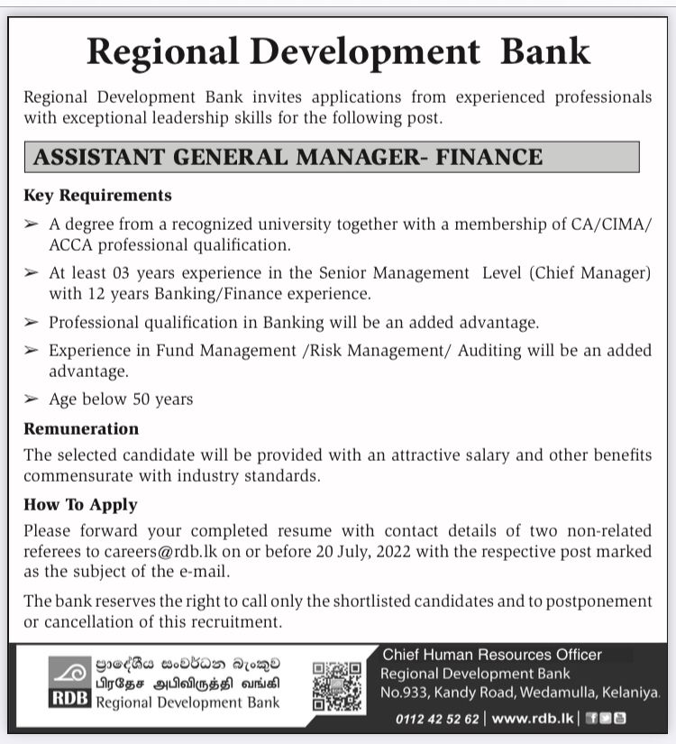 ASSISTANT GENERAL MANAGER – FINANCE